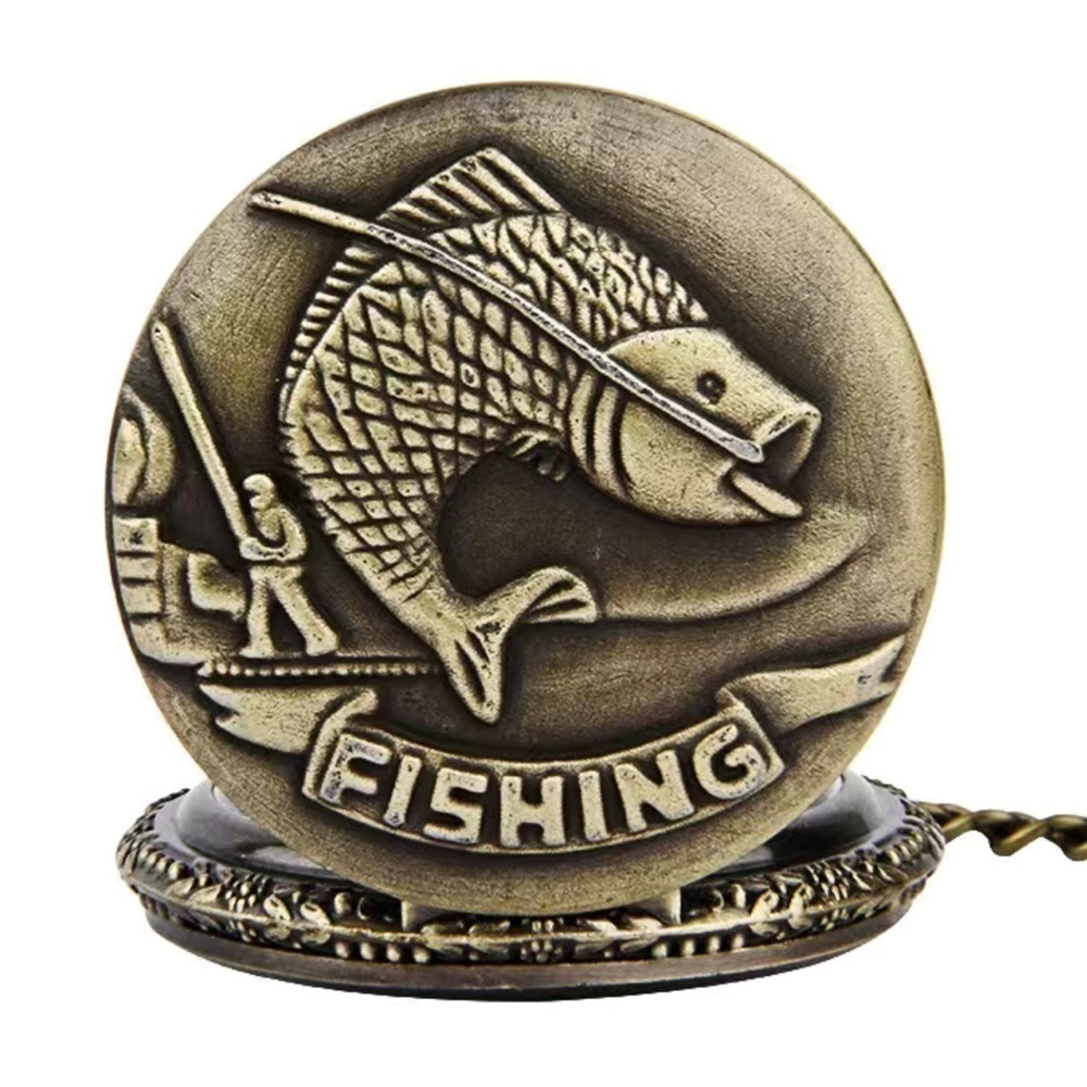 Pocket Chain Watch Fishing Theme Sportsperson Bronze Steampunk Retro Style Gift - Picture 3 of 15